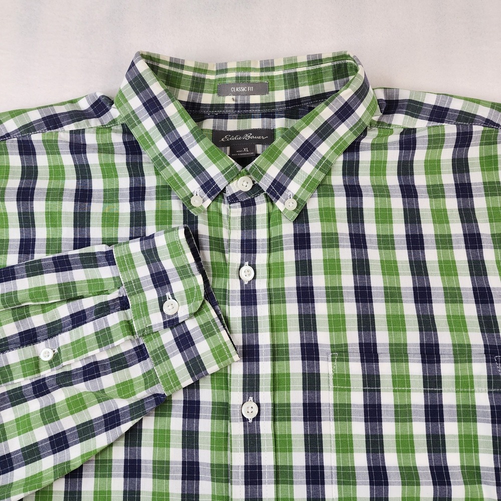 Eddie Bauer Shirt Mens XL Green Blue Plaid Button Down Long Sleeve Outdoor
